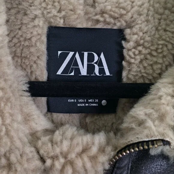 Zara Double Faced Jacket ZW Collection Sherpa Faux Fur Dark Brown Biker Size S - Picture 6 of 16